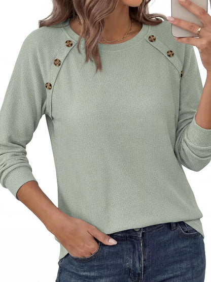 Decorative Button Waffle Knit Long Sleeve T-Shirt by Trendsi
