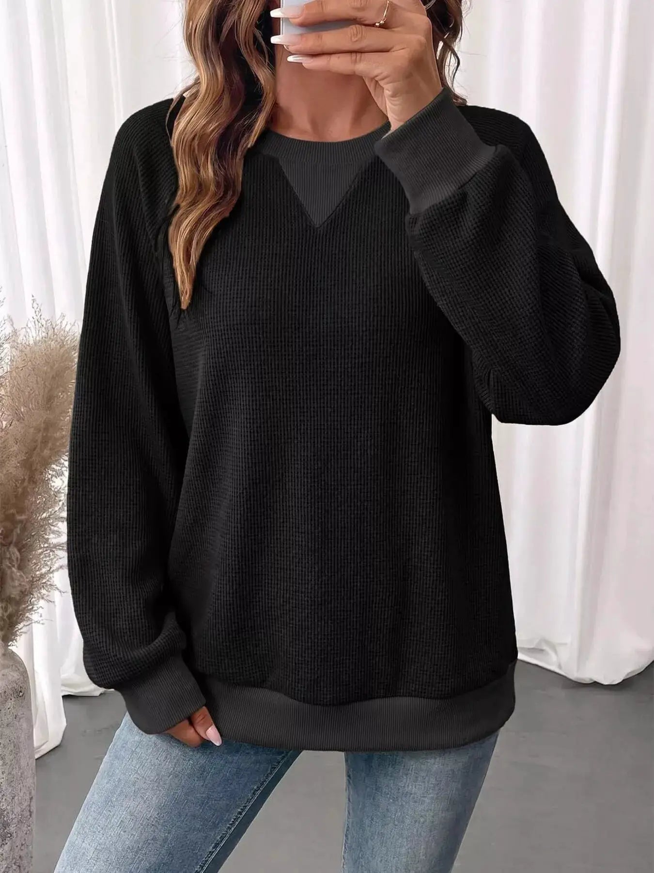 Waffle Knit Crew Neck Long Sleeve Sweatshirt by Trendsi
