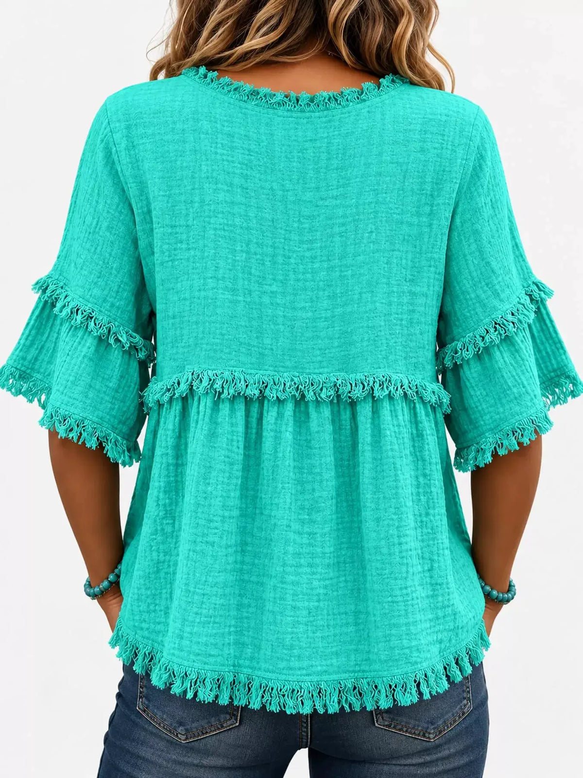 Full Size Frayed Edge Textured Blouse Plus Size by Trendsi