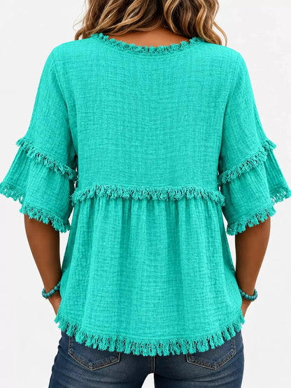 Full Size Frayed Edge Textured Blouse Plus Size by Trendsi