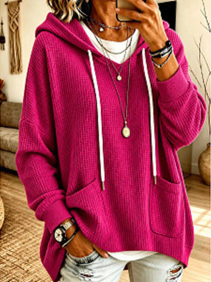 Full Size Waffle Knit Drawstring Long Sleeve Hoodie Plus Size by Trendsi