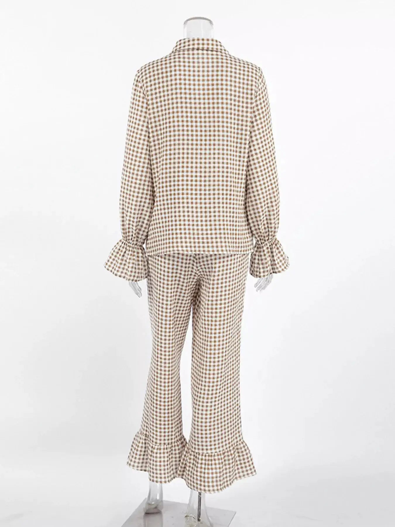 Gingham Ruffle-Trim Top and Pants Lounge Set by Trendsi