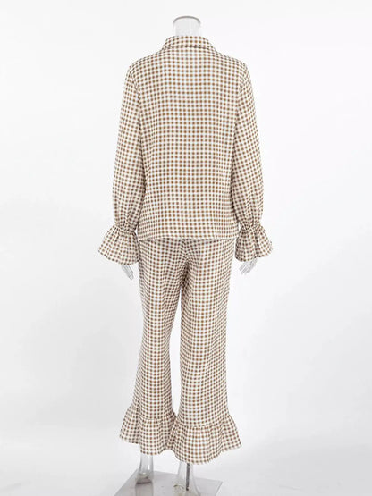 Gingham Ruffle-Trim Top and Pants Lounge Set by Trendsi