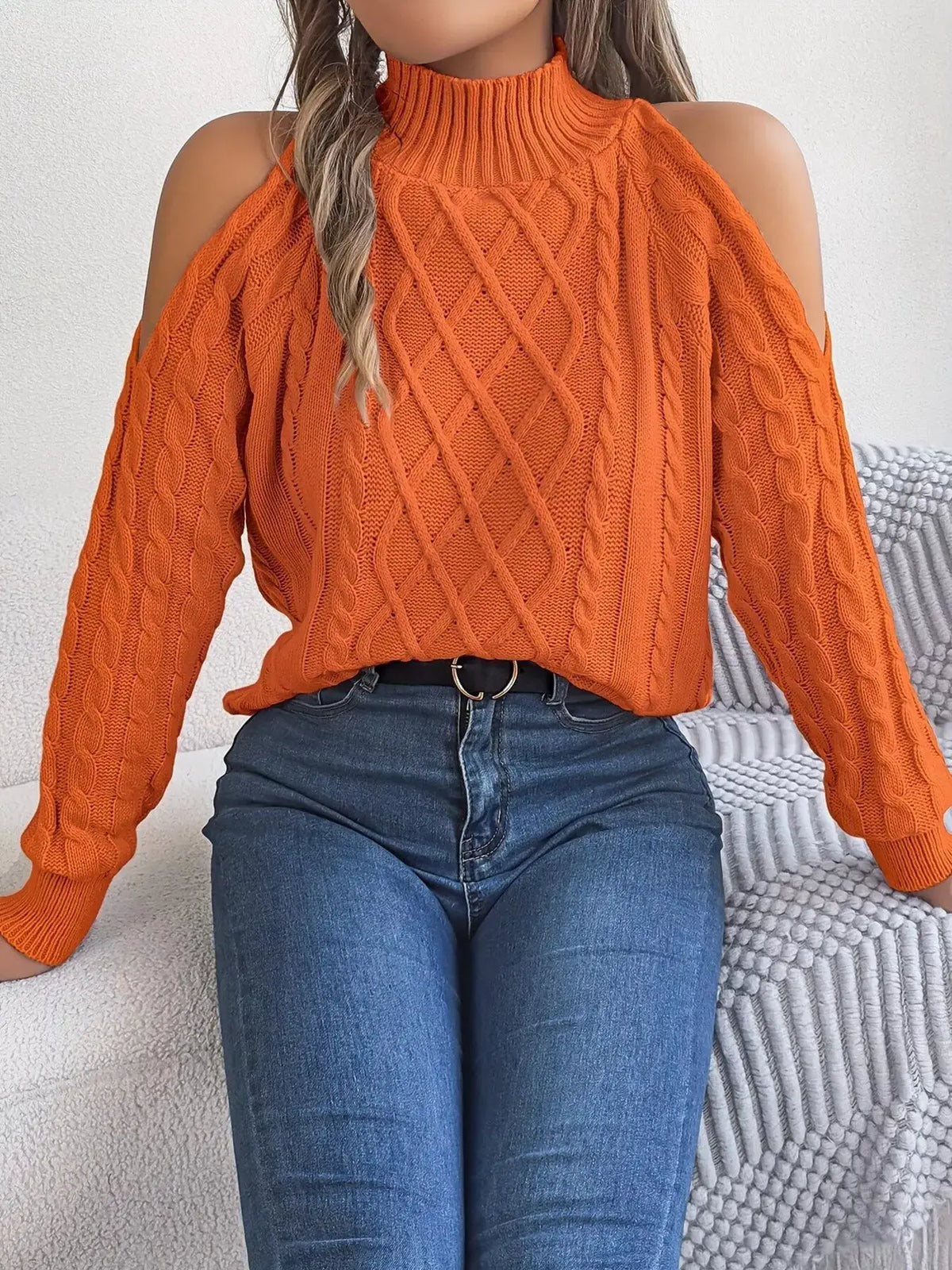 Cold-Shoulder Cable Knit Sweater by Trendsi