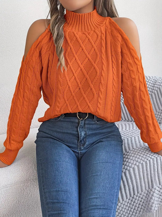 Cold-Shoulder Cable Knit Sweater by Trendsi