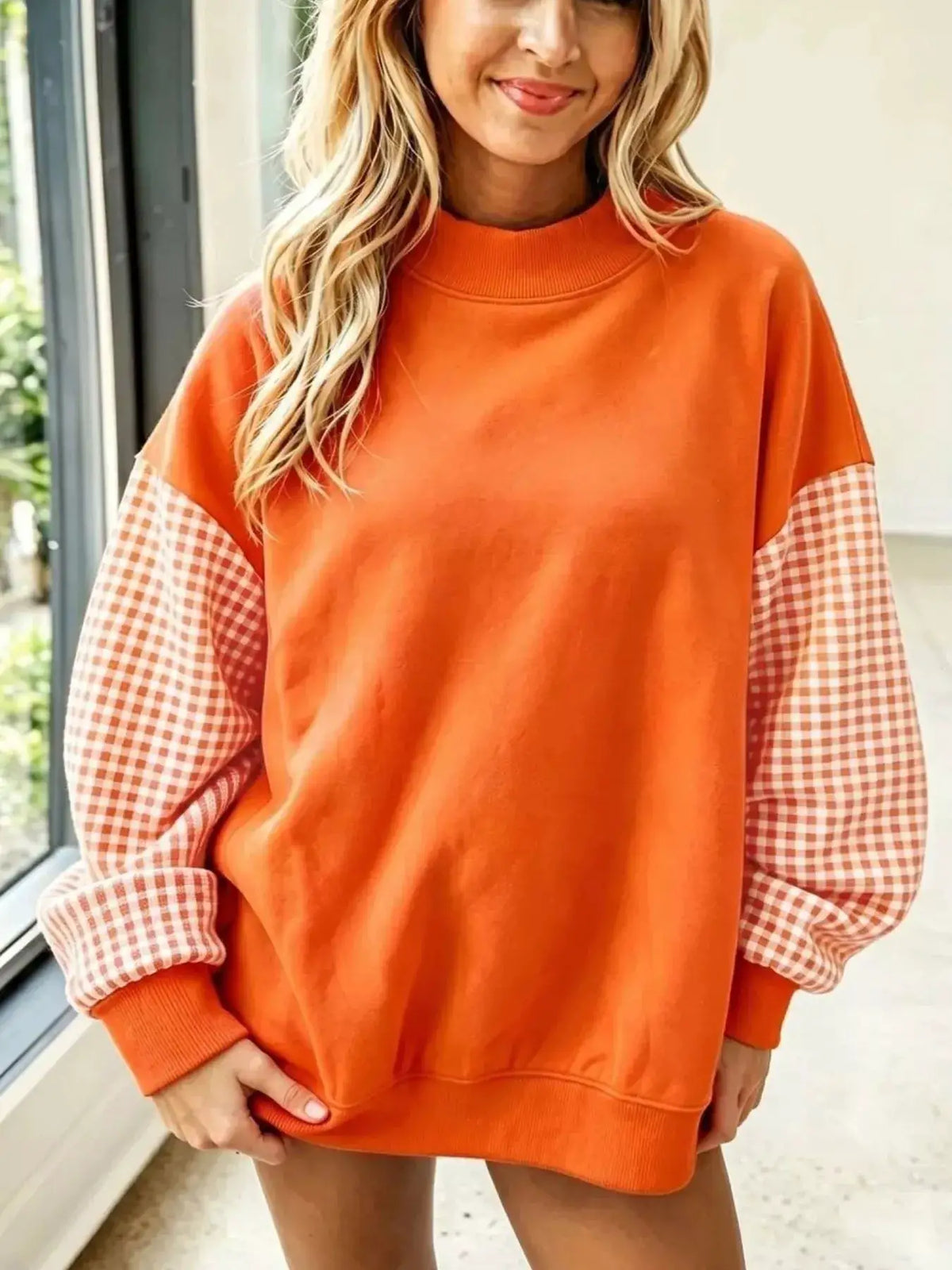 Gingham Sleeves Round Neck Sweatshirt by Trendsi