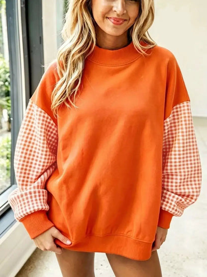 Gingham Sleeves Round Neck Sweatshirt by Trendsi