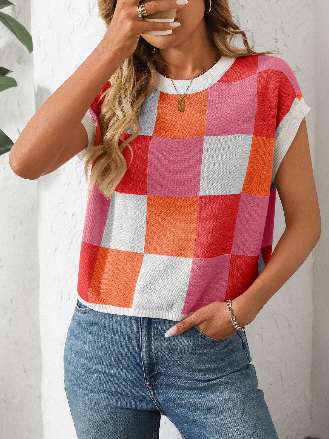 Mandy Checkered Round Neck Cap Sleeve Knit Top