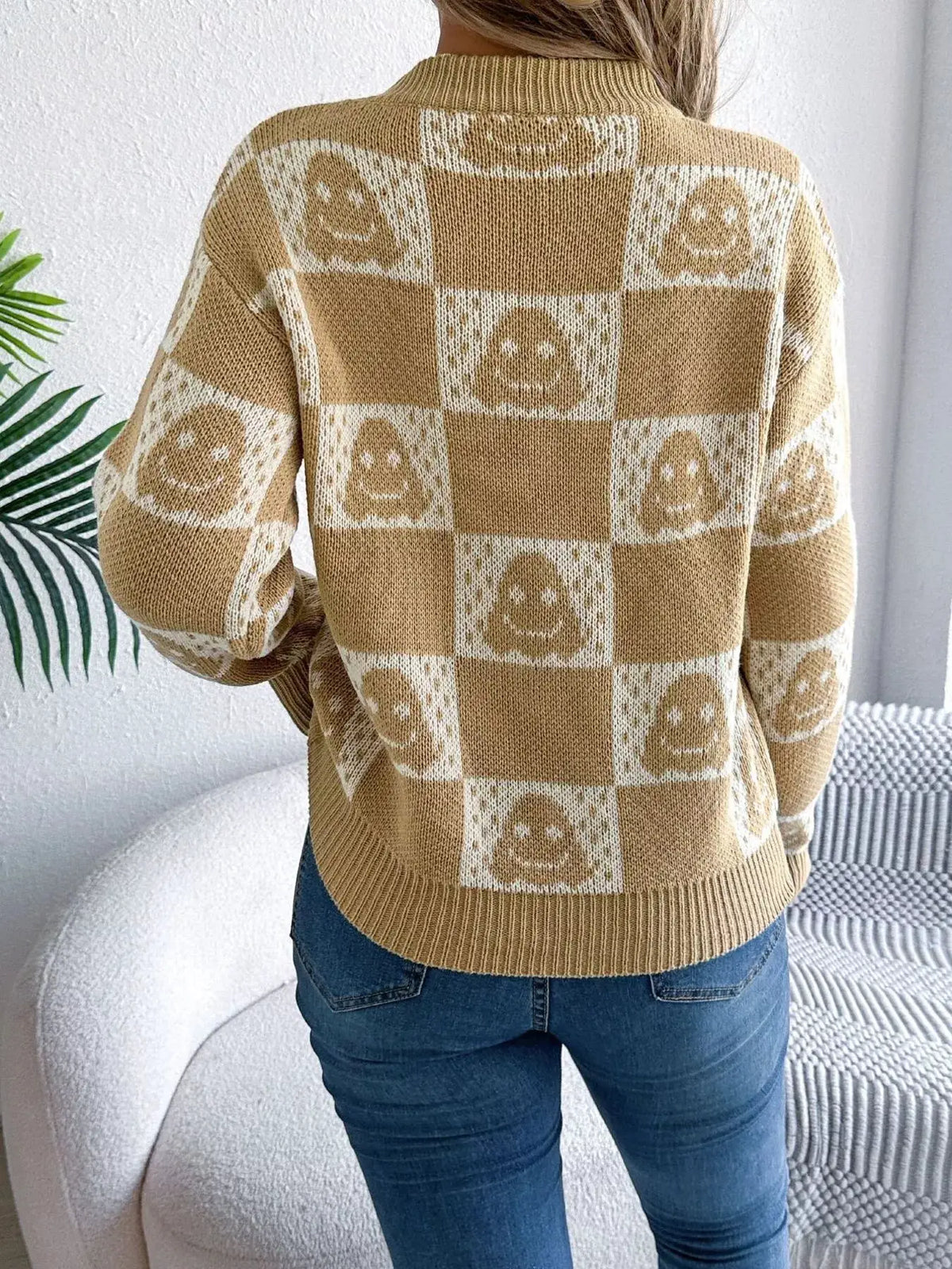 Checkerboard Halloween Graphic Sweater by Trendsi