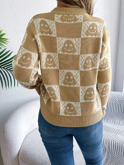 Checkerboard Halloween Graphic Sweater by Trendsi