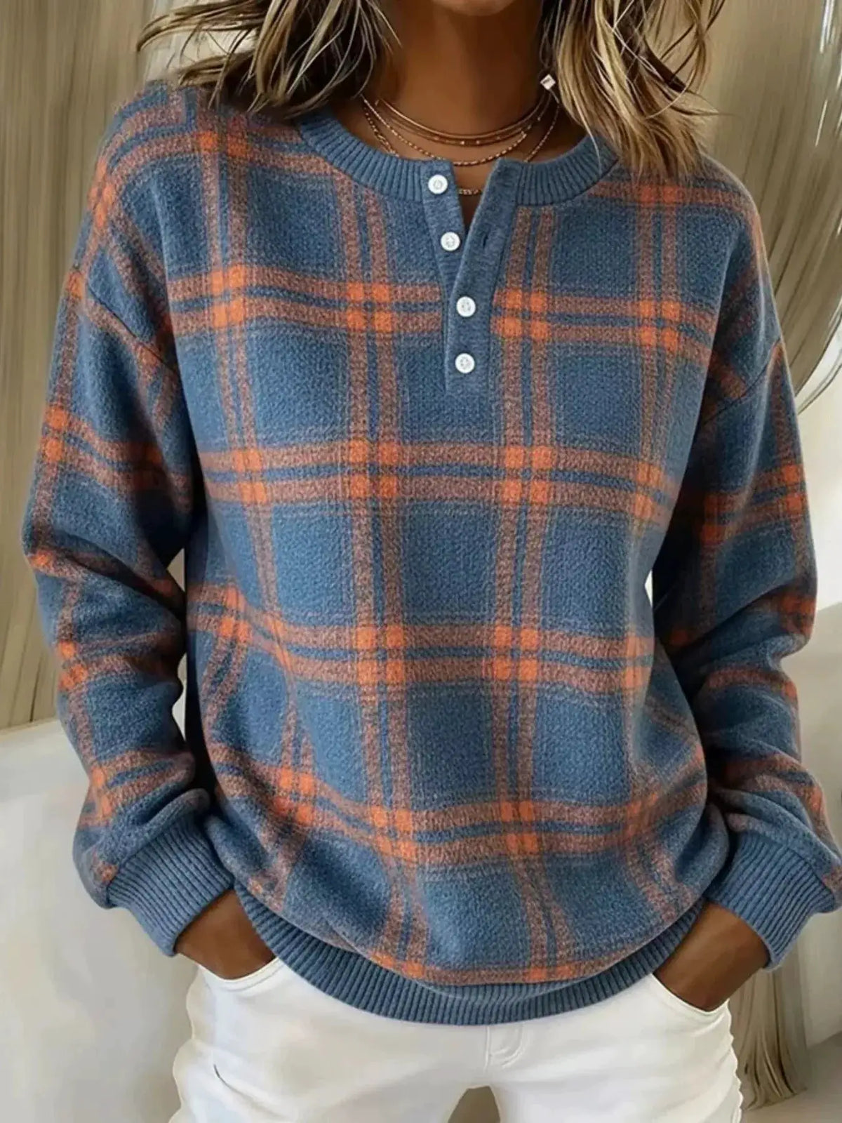 Full Size Plaid Button Detail Long Sleeve Sweatshirt Plus Size by Trendsi
