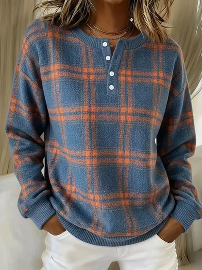 Full Size Plaid Button Detail Long Sleeve Sweatshirt Plus Size by Trendsi