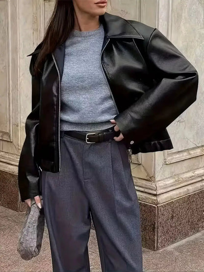 Oversized Faux Leather Zip Up Moto Jacket by Trendsi