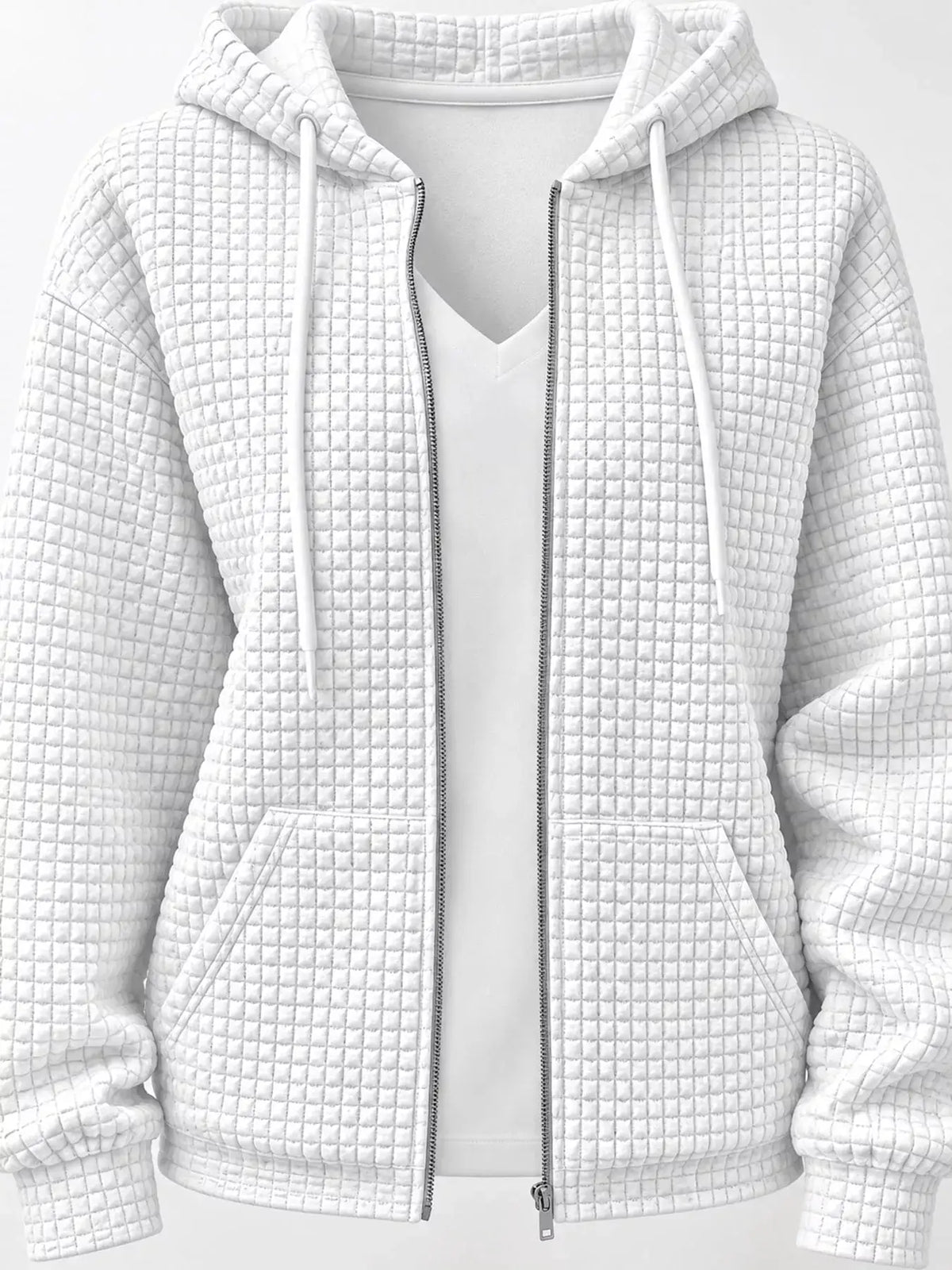 Waffle Knit Zip-Up Hoodie with Drawstring and Pockets by Trendsi