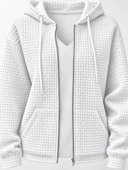 Waffle Knit Zip-Up Hoodie with Drawstring and Pockets by Trendsi