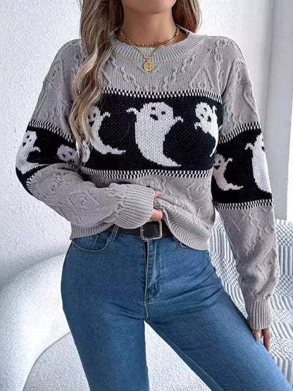 Halloween Ghost Pattern Textured Sweater by Trendsi