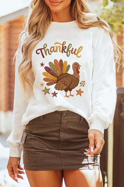Thankful Turkey Graphic Crewneck Pullover Sweatshirt by Trendsi