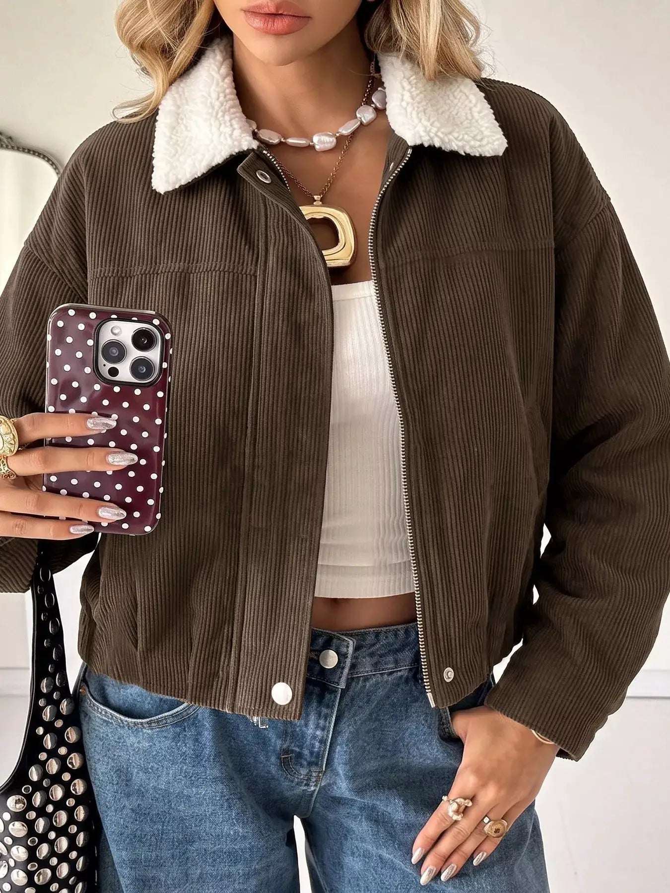 Contrast Sherpa Collar Corduroy Zip Up Jacket by Trendsi