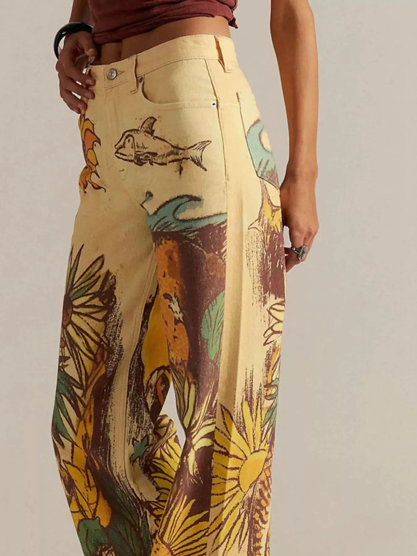 Printed Wide Leg Jeans by Trendsi