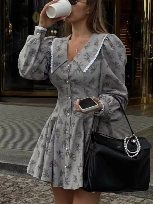 Floral Print Puff Sleeve Button-Down Mini Dress by Trendsi