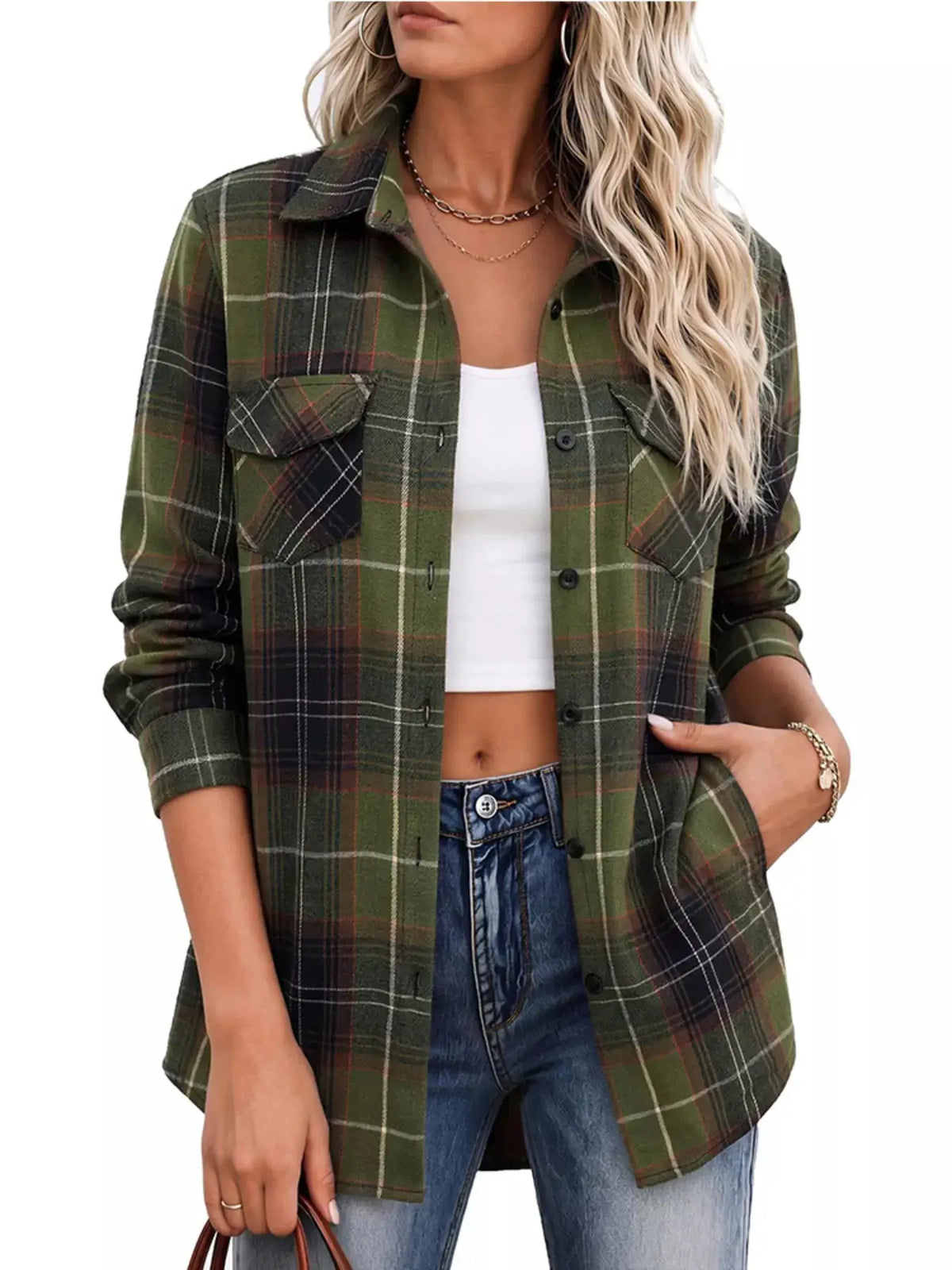 Casual Plaid Button-Down Shirt by Trendsi