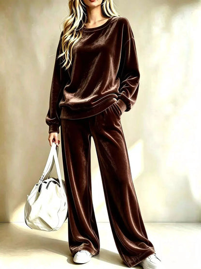 Full Size Velvet Dropped Shoulder Top and Wide-Leg Pants Set Plus Size by Trendsi