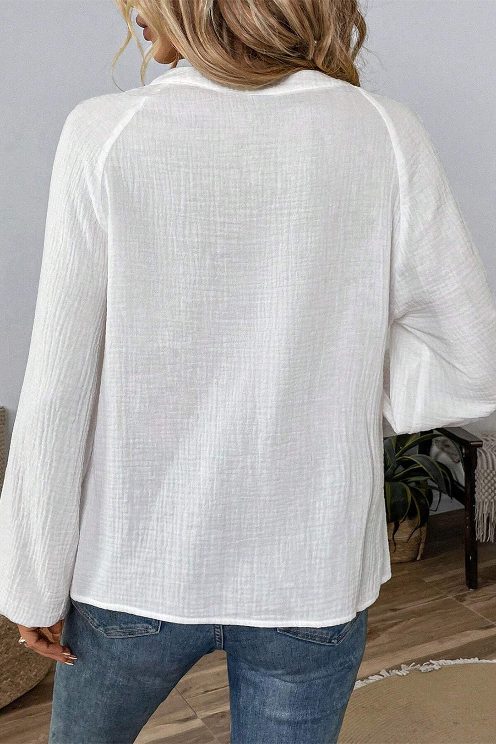 Embroidered Notched Long Sleeve Blouse