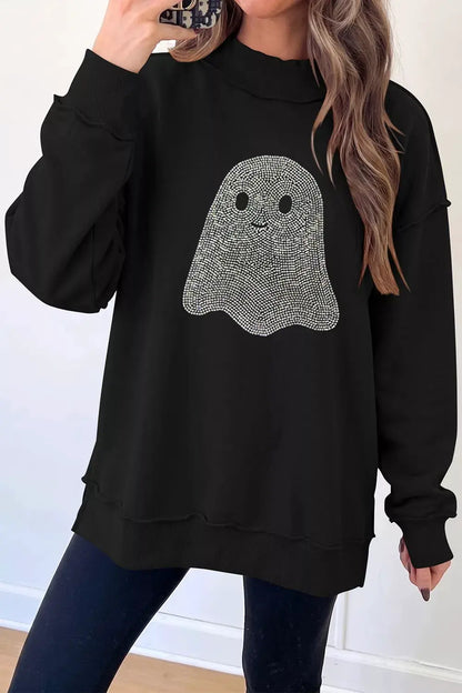 Rhinestone Ghost Exposed Seam Mock Neck Halloween Sweatshirt by Trendsi