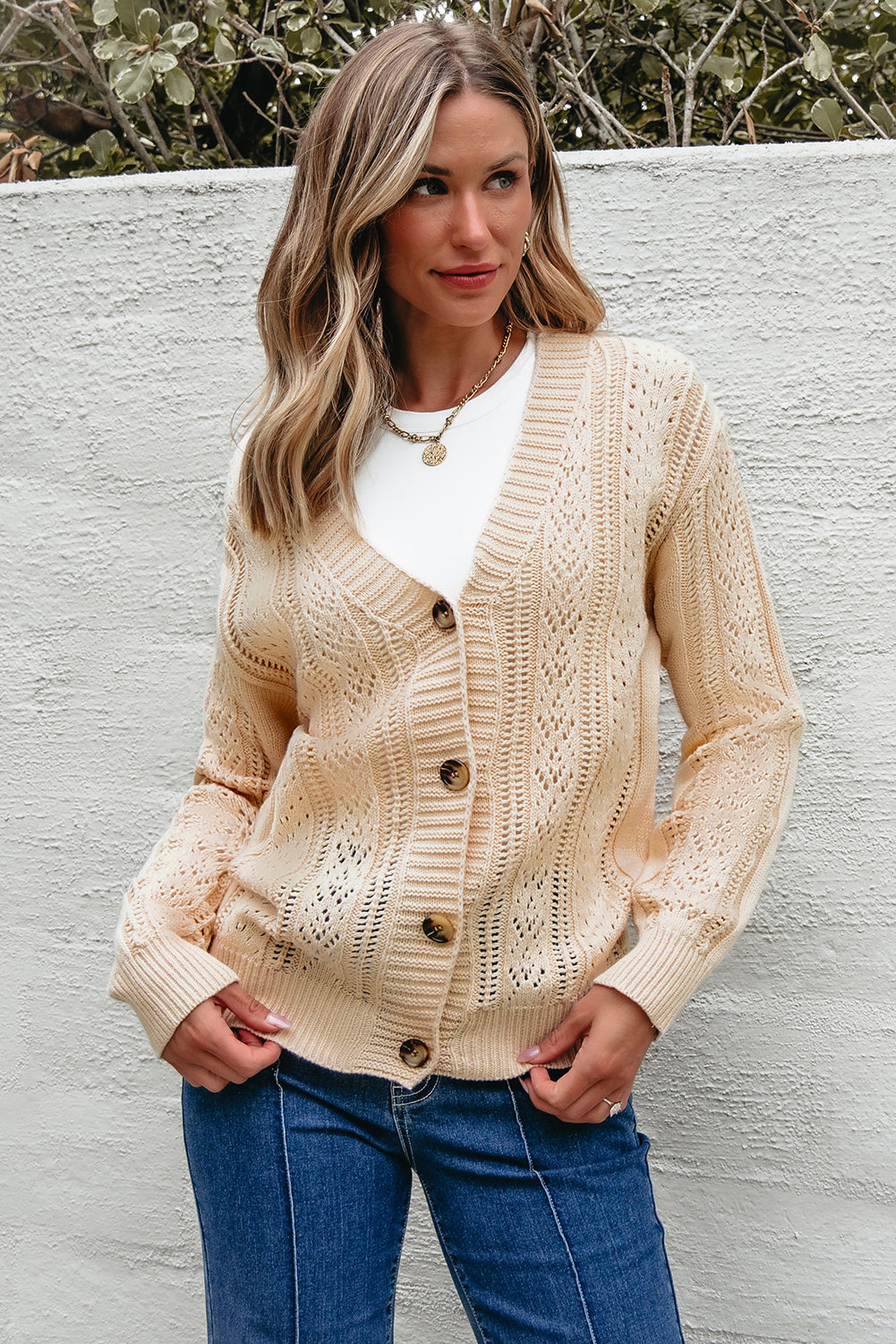 Dark Khaki Open Knit Drop Shoulder Sweater Cardigan