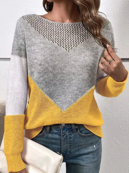 Openwork Color Block Long Sleeve Sweater by Trendsi