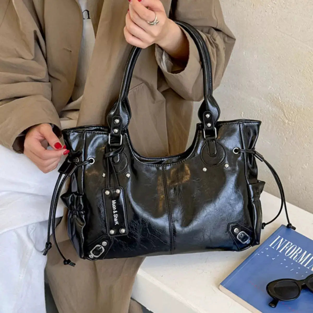 Drawstring Leather Handbag by Trendsi