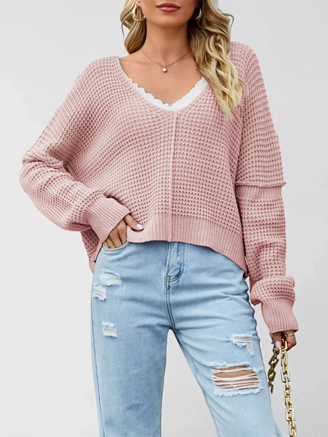 Waffle Knit Dropped Shoulder Sweater by Trendsi