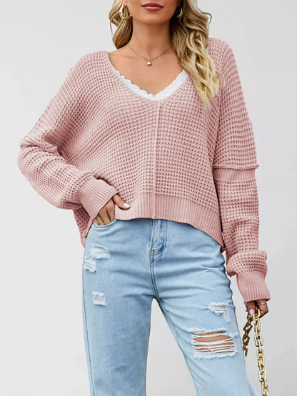 Waffle Knit Dropped Shoulder Sweater by Trendsi