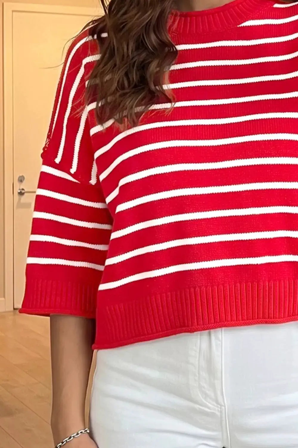 Stripe Dropped Shoulder Half Sleeve Relaxed Knit Sweater by Trendsi