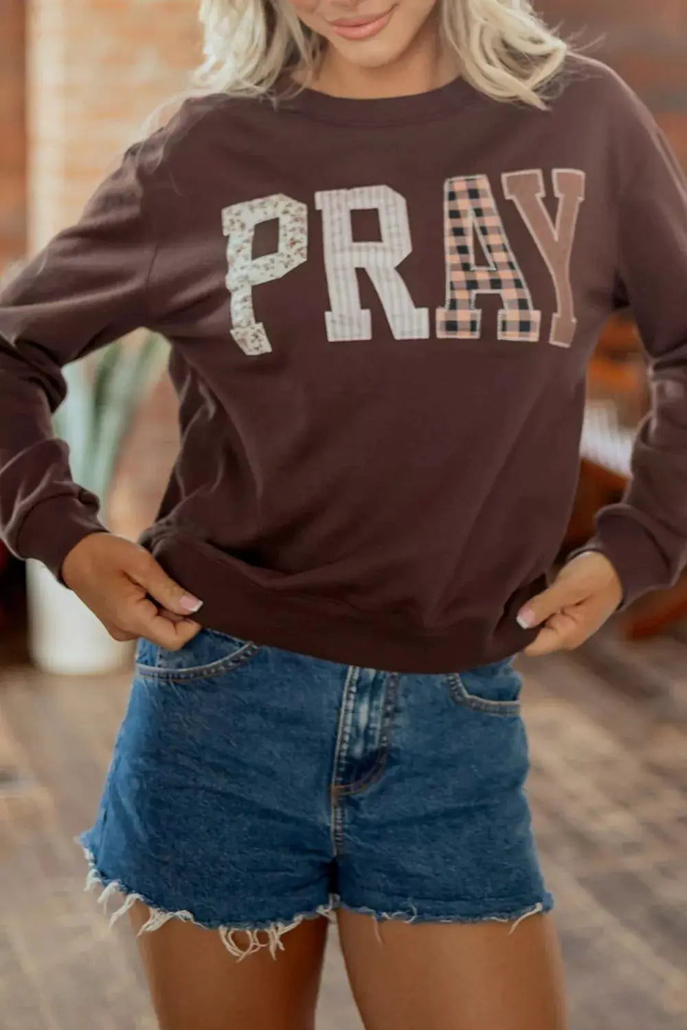 Plaid 'PRAY' Crew Neck Sweatshirt by Trendsi
