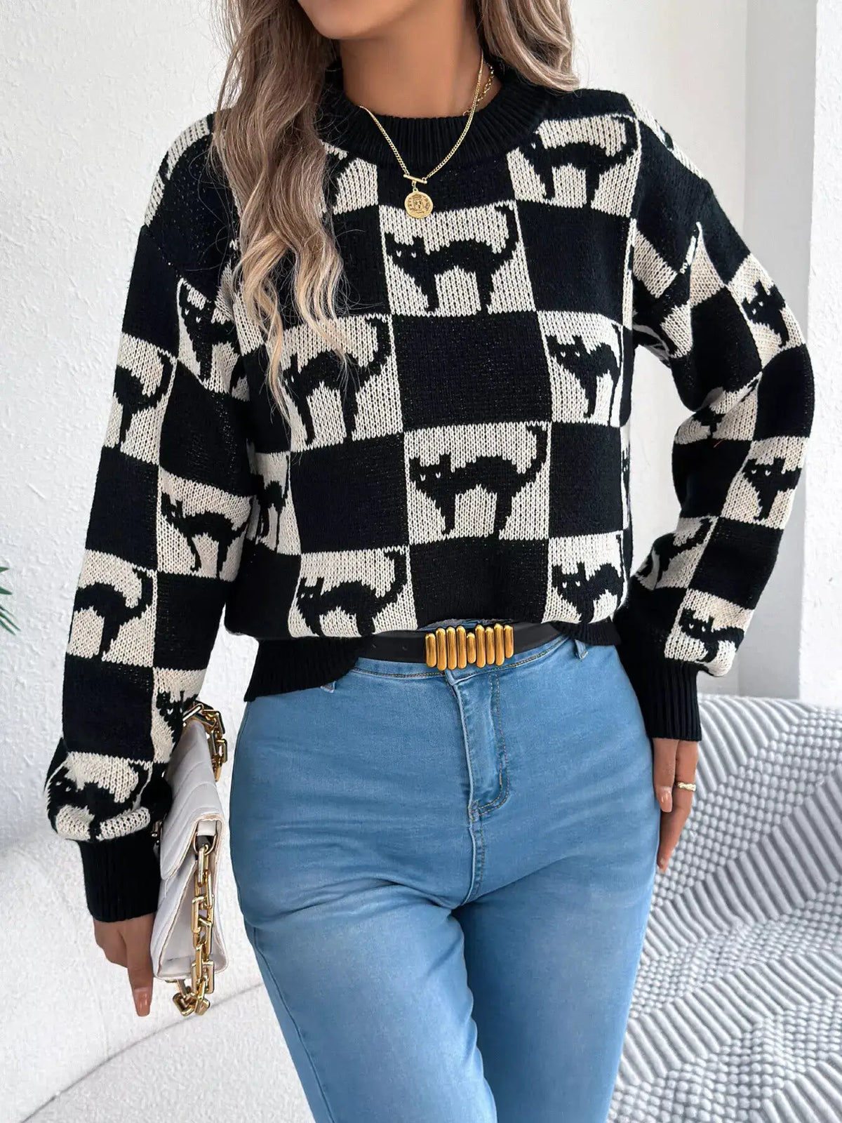 Checkerboard Halloween Graphic Sweater by Trendsi