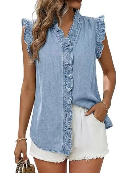 Ruffle Trim V-Neck Sleeveless Denim Top by Trendsi
