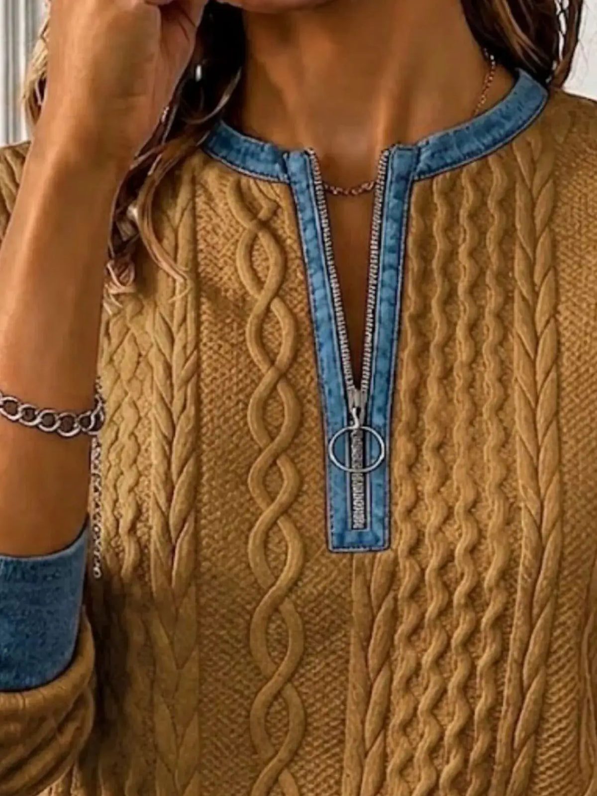 Full Size Denim Contrast Trim Quarter Zip Texture Sweatshirt Plus Size by Trendsi
