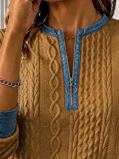 Full Size Denim Contrast Trim Quarter Zip Texture Sweatshirt Plus Size by Trendsi