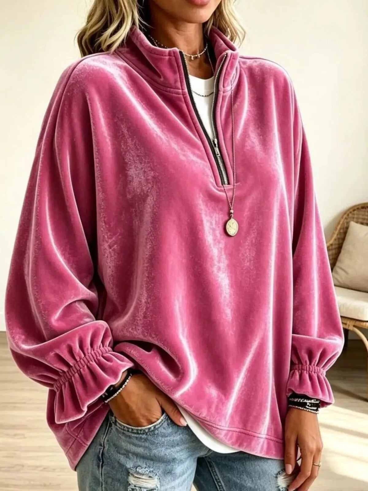 Velvet Quarter-Zip Sweatshirt with Ruffled Cuffs by Trendsi