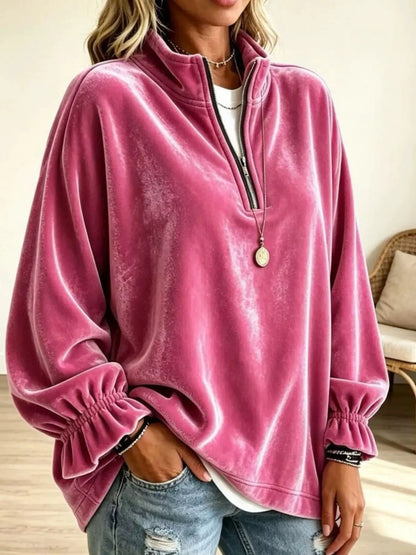 Velvet Quarter-Zip Sweatshirt with Ruffled Cuffs by Trendsi