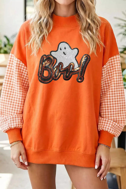 Boo Sequin Ghost Plaid Patchwork Sleeve Halloween Sweatshirt by Trendsi