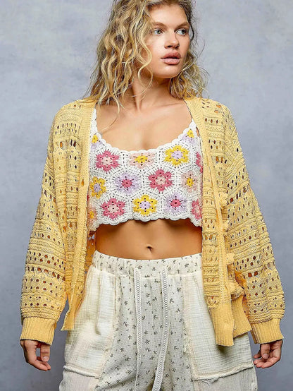 POL Open-Knit Floral Button Cardigan by Trendsi