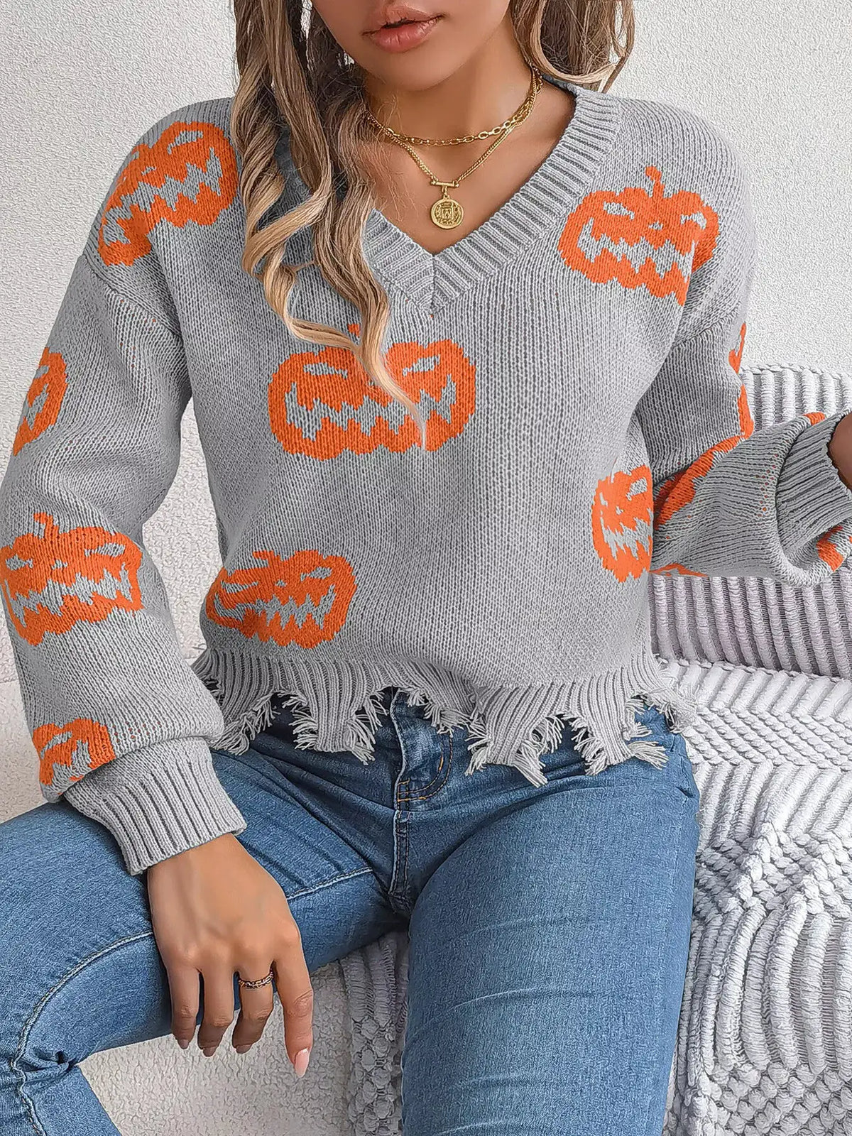 Pumpkin Distressed Hem Sweater by Trendsi