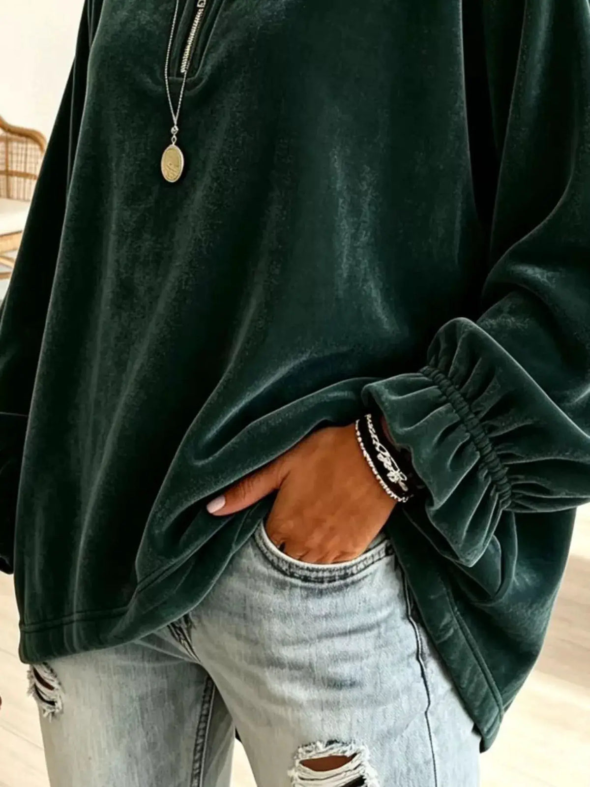 Velvet Quarter-Zip Sweatshirt with Ruffled Cuffs by Trendsi