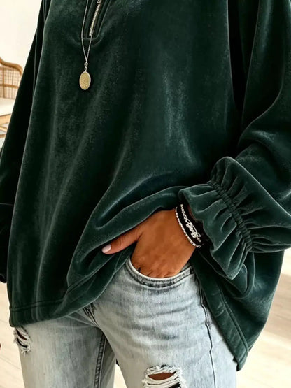 Velvet Quarter-Zip Sweatshirt with Ruffled Cuffs by Trendsi