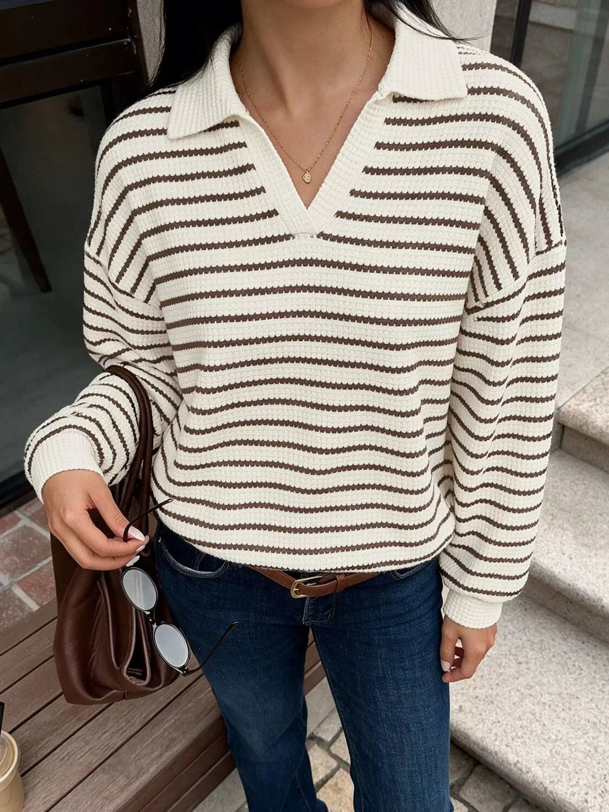 Striped Polo Collar Knit Sweatshirt by Trendsi