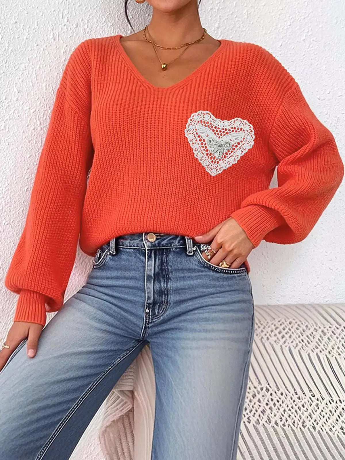 Lace Heart Dropped Shoulder Sweater by Trendsi