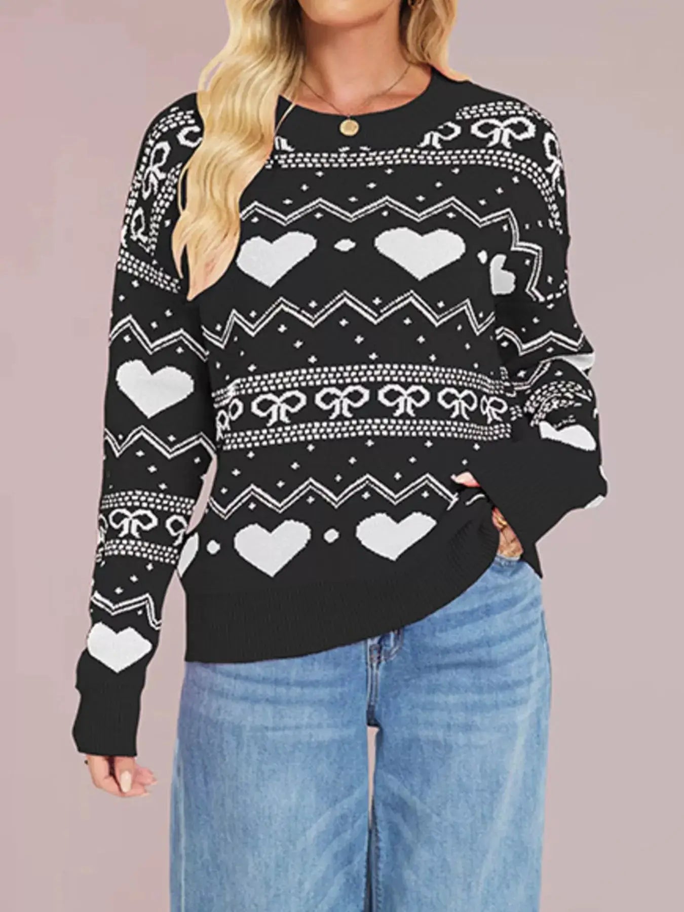 Heart Pattern Dropped Shoulder Sweater by Trendsi