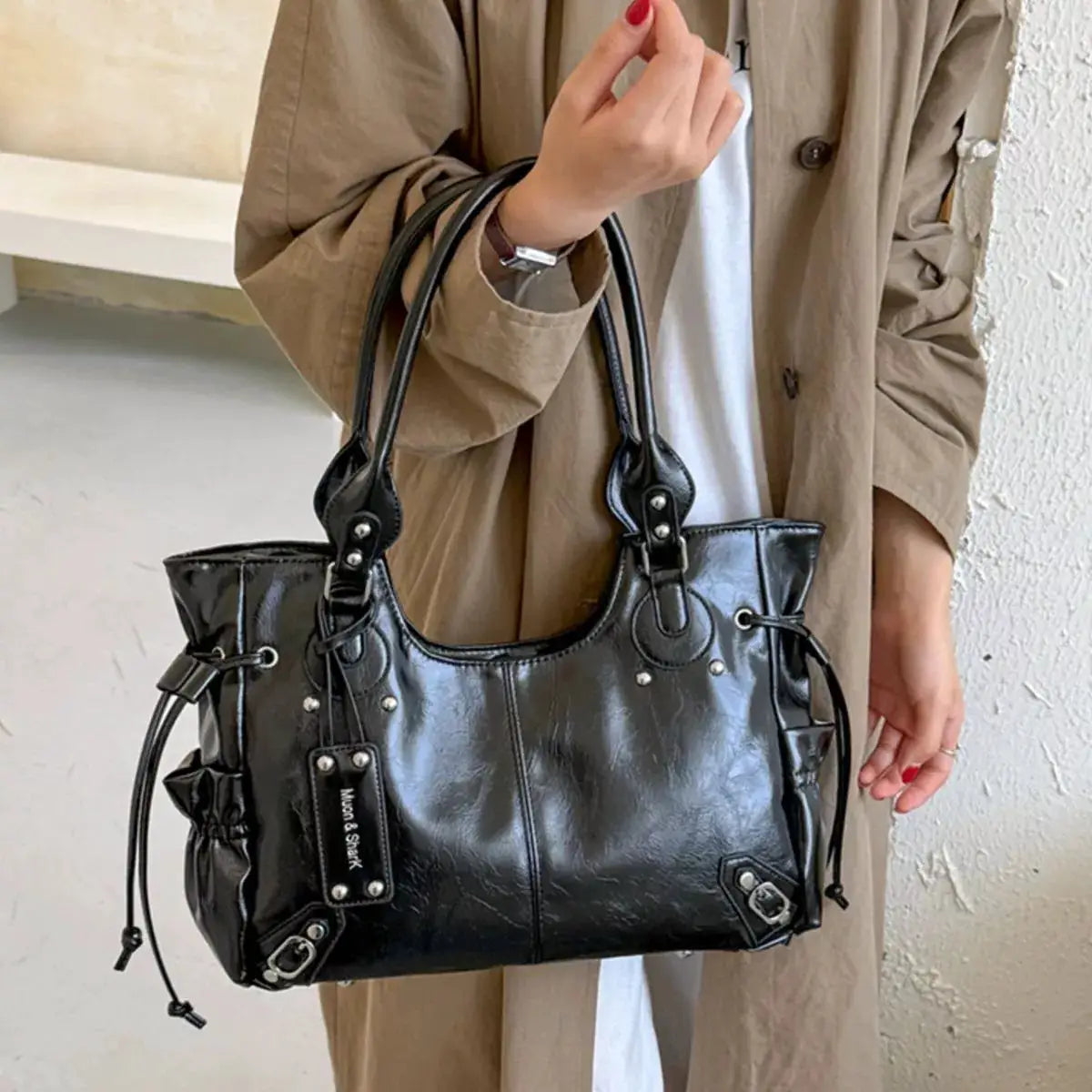 Drawstring Leather Handbag by Trendsi